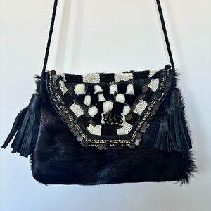 Anthropologie IbBan black and white beaded/calf hair crossbody bag/ clutch